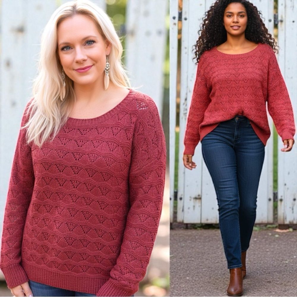 Maurice’s Coral Punch Open Stitch Scalloped Boat Neck Sweater Size XXL NWT